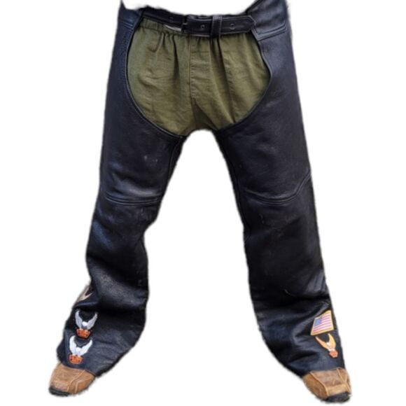 VINTAGE 90s Harley Davidson black leather zip leg chaps with‎ moto patches XL - Picture 1 of 13
